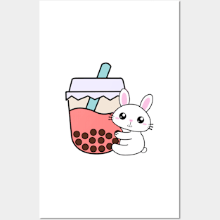 Baby Rabbit Hugs Bubble Tea Kawaii Pink Boba Tea Posters and Art